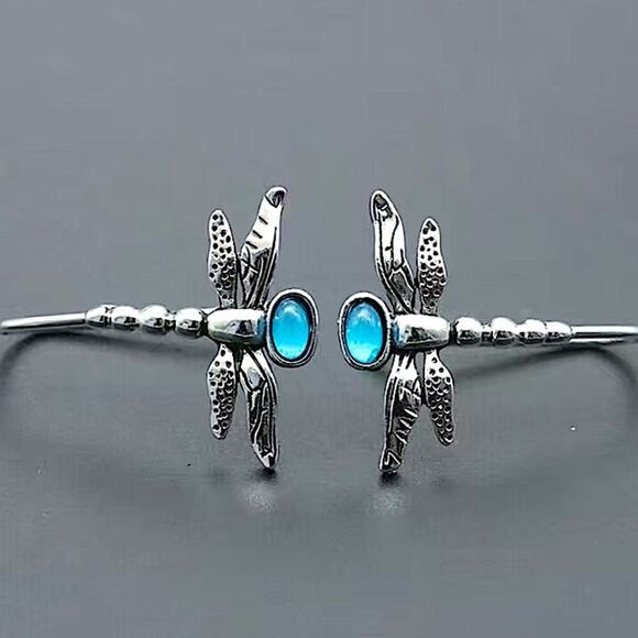 Silver Dragonfly Moonstone Hook Boho Vintage Earrings - Picture 3 of 5